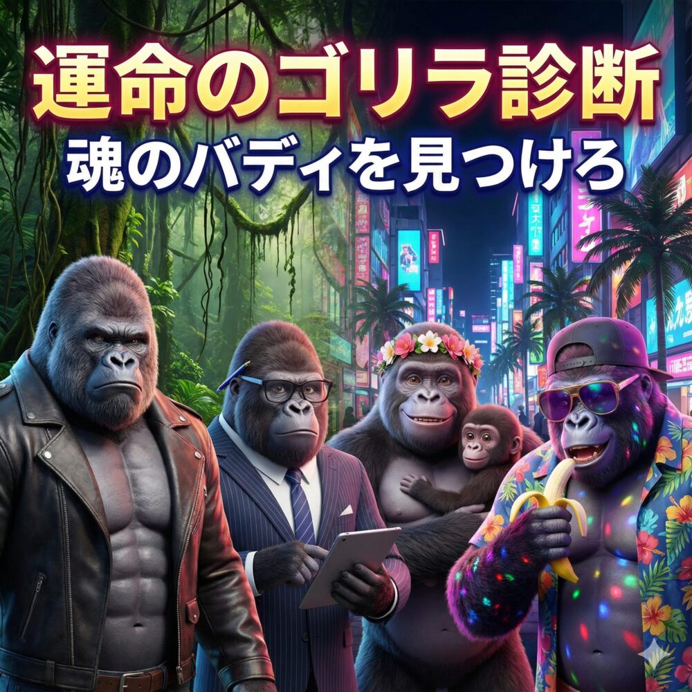 【運命のゴリラ診断】ストレス社会を乗り切る魂の伴侶（バディ）を見つけろ！AIプロンプト付き
